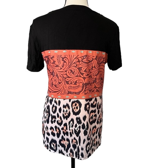 Punchy Western Cheetah Leopard Embroidered Faux Leather Short Sleeve T ShirT - Picture 2 of 8